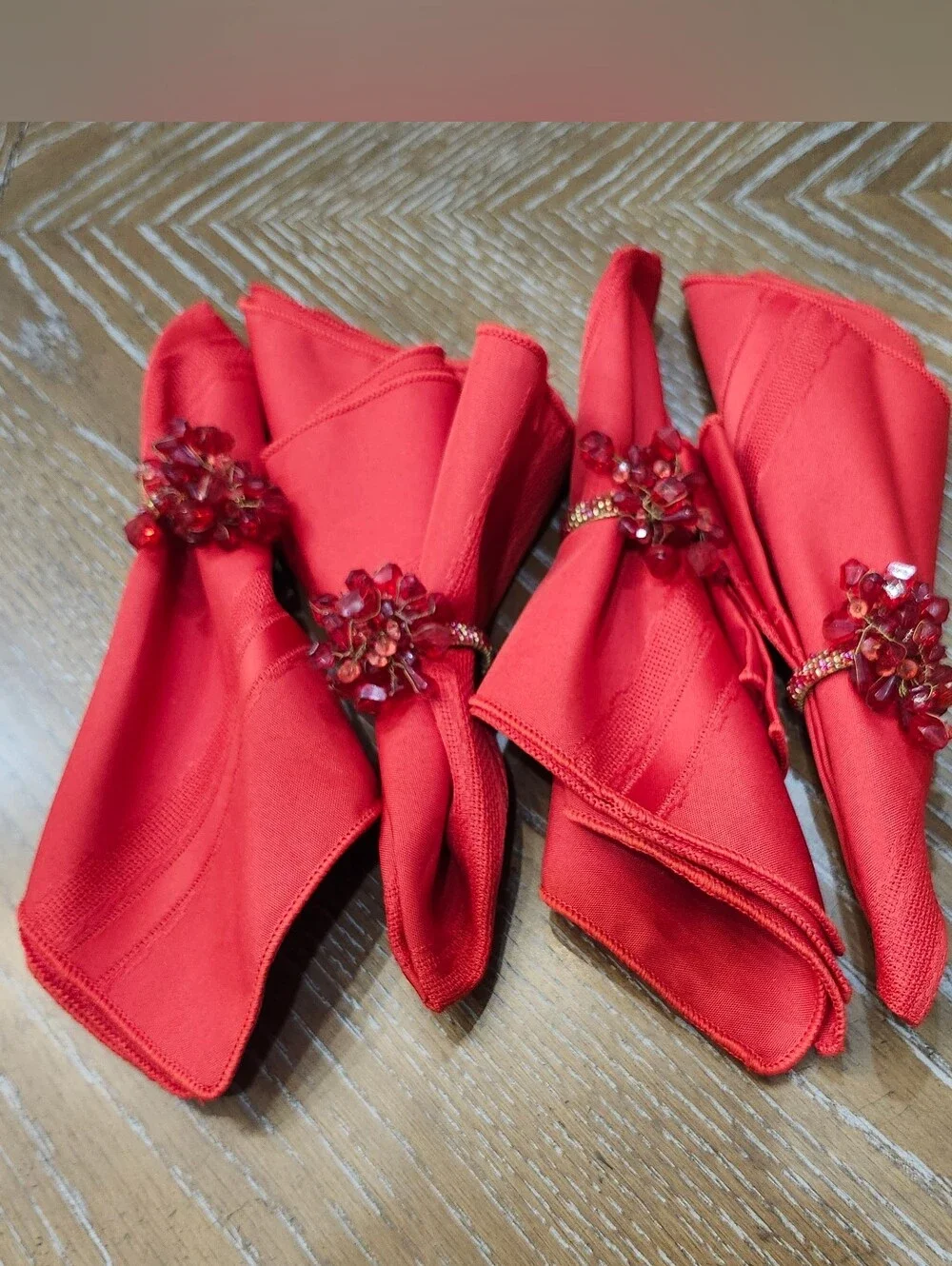 Vintage Pier 1 Napkin Rings Gold & Red Beaded Set of 4 - And 4 Red Napkins